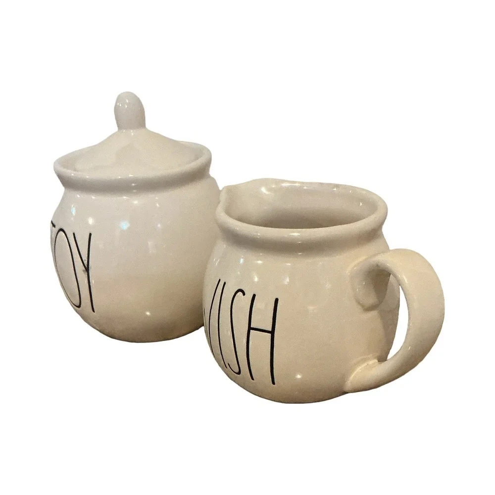 Rae‎ Dunn JOY Sugar Bowl and WISH Creamer Set Ivory Ceramic Farmhouse Decor